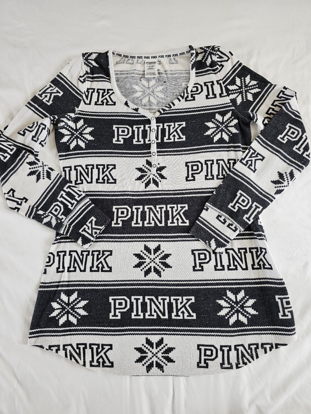 Pink by Victoria's Secret Thermal Henley Sleepshirt Winter Fair Isle Snowflake